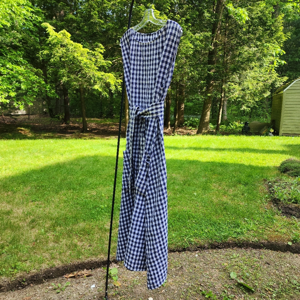 Apuntob Blue & White Linen  Sleeveless Gingham Midi Dress Large - Picture 10 of 15
